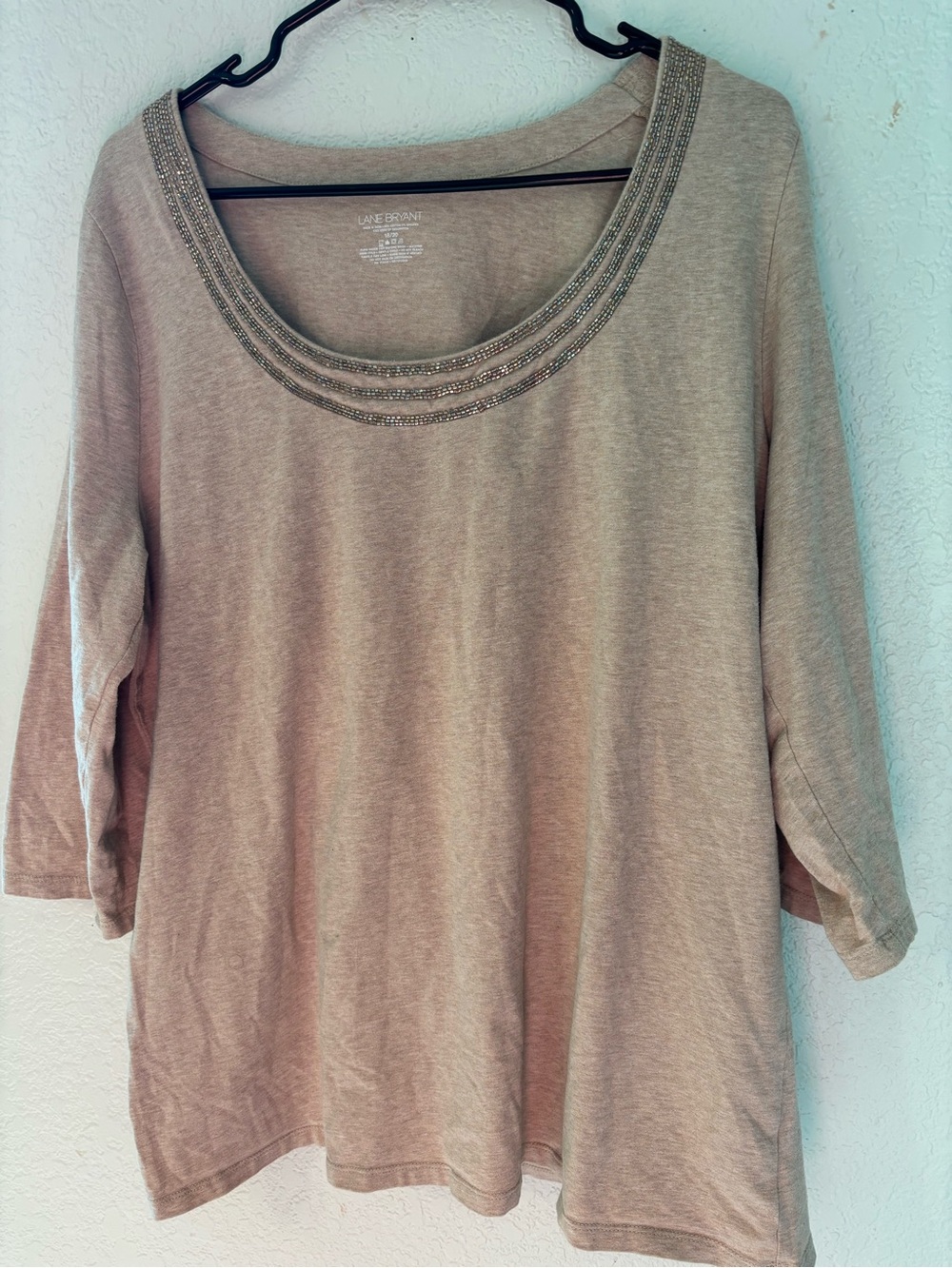Embellished Scoop Neck Long Sleeve Tee - Taupe